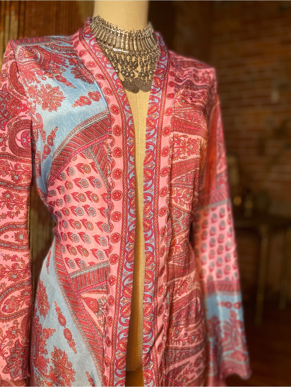 Pink & Light Blue Paisley Long Robe - Picture 4 of 9
